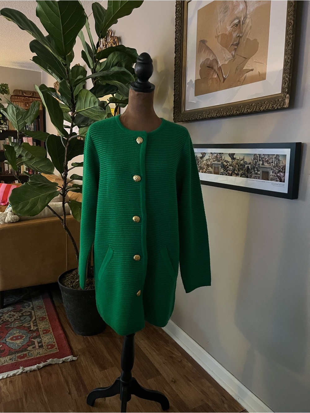 Linea by Louis Dell'Ollio Emerald Green Knit Cardigan with Gold Buttons